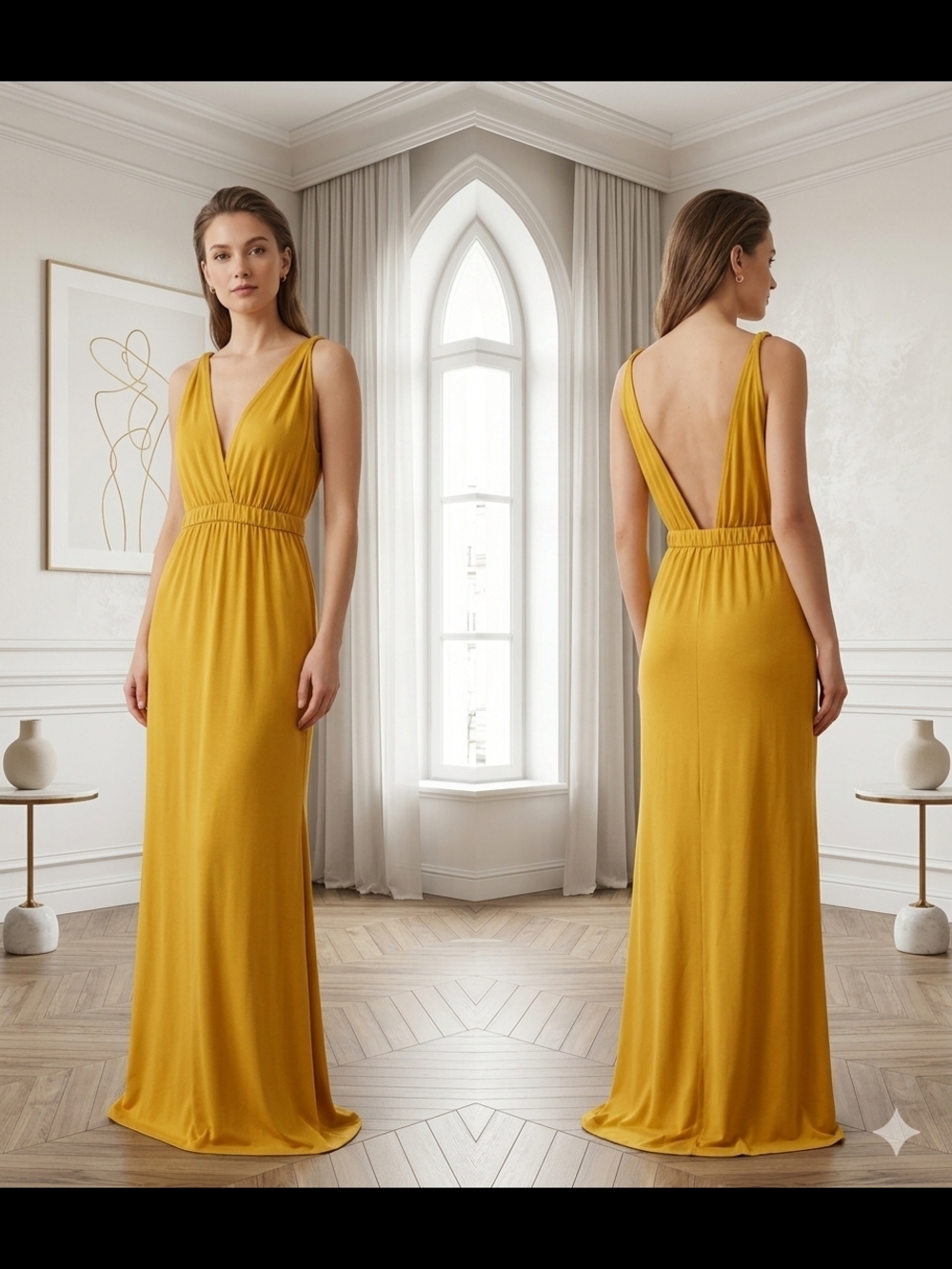 Poof! Mustard V-Neck Backless Evening Gown